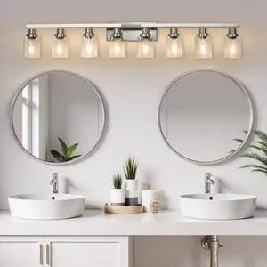 Modern 8-Light Bathroom Vanity Light Fixture - Brushed Nickel Finish with Clear Glass Shades, Light Fixture Bathroom Over Mirror Wall Lights for Kitchen Dinning Room Bedroom Hallway (No Bulbs) Modern 8-Light Bathroom Vanity Light Fixture - Brushed Nickel Finish with Clear Glass Shades, Light Fixture Bathroom Over Mirror Wall Lights for Kitchen Dinning Room Bedroom Hallway (No Bulbs)