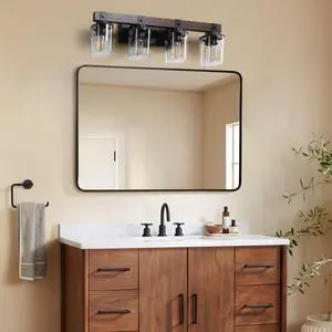 Farmhouse Vanity Light Fixture, 4-Light Bathroom Wall Sconce with Black Frame and Walnut Accents, Featuring Clear Glass Shades for Bathrooms, Washrooms, Kitchens, and Diningrooms (No Bulbs) Farmhouse Vanity Light Fixture, 4-Light Bathroom Wall Sconce with Black Frame and Walnut Accents, Featuring Clear Glass Shades for Bathrooms, Washrooms, Kitchens, and Diningrooms (No Bulbs)