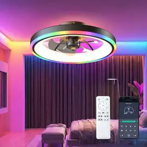 19.7" Modern Rgb Ceiling Fan with Lights, Flush Mount Low Profile Fan with Remote & App, 6-Speed Reversible Silent Dc Motor, Dimmable 3000-6500K Led for Bedroom, Black 19.7" Modern Rgb Ceiling Fan with Lights, Flush Mount Low Profile Fan with Remote & App, 6-Speed Reversible Silent Dc Motor, Dimmable 3000-6500K Led for Bedroom, Black