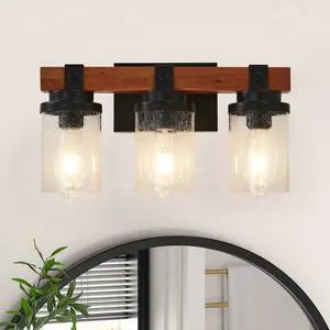 3-Light Matte Black and Wooden Wall Lamps with Glass Shades(No Bulbs) for Bathroom Or Bedroom 3-Light Matte Black and Wooden Wall Lamps with Glass Shades(No Bulbs) for Bathroom Or Bedroom