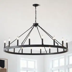 53.15 inch Matte Black Wagon Wheel Chandelier with 18 Light (No Bulbs) -E12 53.15 inch Matte Black Wagon Wheel Chandelier with 18 Light (No Bulbs) -E12