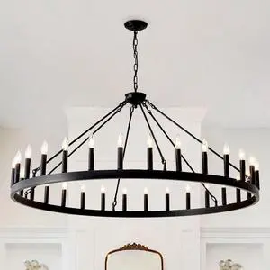 53.15 inch Matte Black Wagon Wheel Chandelier with 30 Light (No Bulbs)-E12 53.15 inch Matte Black Wagon Wheel Chandelier with 30 Light (No Bulbs)-E12