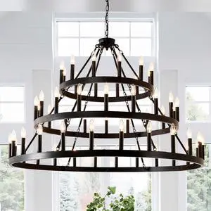 3 Tiers Wagon Wheel Chandelier Farmhouse 54-Light(24+18+12) , Black Metal Chandeliers 3-Story Light Fixtures industrial for High Ceiling Living Dining Room Foyer. Adjustable Height-E12 3 Tiers Wagon Wheel Chandelier Farmhouse 54-Light(24+18+12) , Black Metal Chandeliers 3-Story Light Fixtures industrial for High Ceiling Living Dining Room Foyer. Adjustable Height-E12