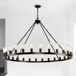 53.15 inch Black Extra Large Wagon Wheel Chandelier, 28-Lights Farmhouse industrial Round High Ceiling Pendant Light Adjustable Chain, for Dining Room, Living Room-E26 53.15 inch Black Extra Large Wagon Wheel Chandelier, 28-Lights Farmhouse industrial Round High Ceiling Pendant Light Adjustable Chain, for Dining Room, Living Room-E26