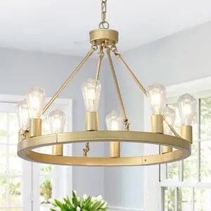 8-Light (No Bulbs) Gold Wagon Wheel Chandeilier with Light-E26 8-Light (No Bulbs) Gold Wagon Wheel Chandeilier with Light-E26