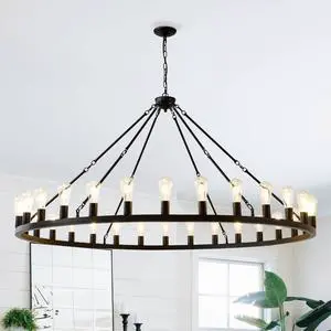 64 inch Matte Black Wagon Wheel Chandelier with 30-Lights (No Bulbs)-E26 64 inch Matte Black Wagon Wheel Chandelier with 30-Lights (No Bulbs)-E26