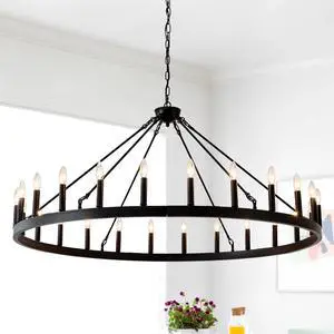 53.15 inch Matte Black Wagon Wheel Chandelier with 24 Light(No Bulbs)-E12 53.15 inch Matte Black Wagon Wheel Chandelier with 24 Light(No Bulbs)-E12