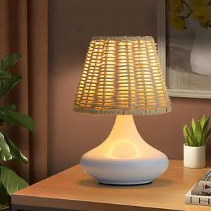White Woven Bamboo Table Lamp Dimmable Desk Lamp Night Light with Iron Base & Three Color Temperatures White Woven Bamboo Table Lamp Dimmable Desk Lamp Night Light with Iron Base & Three Color Temperatures