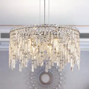 24" Luxurious Round Silver Crystal Chandelier, Contemporary Rectangular Pendant Light for Dining Room, Living Room, and Grand Foyers (Bulbs Not included) 24" Luxurious Round Silver Crystal Chandelier, Contemporary Rectangular Pendant Light for Dining Room, Living Room, and Grand Foyers (Bulbs Not included)