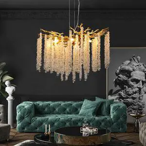 24-inch Modern Golden Pendant Light with Cascading Crystal Strands, Ideal for Living Room, Dining Room and Foyer, High-End Decorative Lighting Fixture (Bulb Not included) 24-inch Modern Golden Pendant Light with Cascading Crystal Strands, Ideal for Living Room, Dining Room and Foyer, High-End Decorative Lighting Fixture (Bulb Not included)