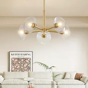 26" Modern Gold 5-Light Sputnik Chandelier with Clear Glass Shades, Mid-Century Hanging Pendant Light Fixture for Dining Room, Living Room, Or Kitchen (Bulb Not included) 26" Modern Gold 5-Light Sputnik Chandelier with Clear Glass Shades, Mid-Century Hanging Pendant Light Fixture for Dining Room, Living Room, Or Kitchen (Bulb Not included)