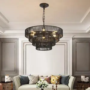 20" Rustic 4-Tier Black Hemp Rope Pendant Light Chandelier with 6 E12 Sockets, Handmade Tiered Boho Ceiling Light Fixture for Dining Room, Kitchen, Or Foyer (Bulb Not included) 20" Rustic 4-Tier Black Hemp Rope Pendant Light Chandelier with 6 E12 Sockets, Handmade Tiered Boho Ceiling Light Fixture for Dining Room, Kitchen, Or Foyer (Bulb Not included)
