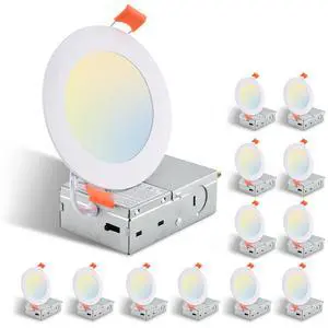 12-Pack 4 inch Ultra-Thin Led Recessed Ceiling Light with Junction Box, 2700K-5000K Dimmable Color Changing Downlight, 9W 810Lm, Easy install, Ideal for Kitchen, Bedroom, Basement 12-Pack 4 inch Ultra-Thin Led Recessed Ceiling Light with Junction Box, 2700K-5000K Dimmable Color Changing Downlight, 9W 810Lm, Easy install, Ideal for Kitchen, Bedroom, Basement