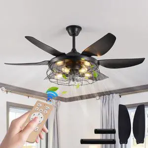 52" Modern Black Ceiling Fan with Light, 6 Fan Blades and industrial Cage Design, Adjustable Speed for Living Room, Bedroom, Dining Room (Silent/6-Speed/Reversible/Dc Motor) (Bulb Not included) 52" Modern Black Ceiling Fan with Light, 6 Fan Blades and industrial Cage Design, Adjustable Speed for Living Room, Bedroom, Dining Room (Silent/6-Speed/Reversible/Dc Motor) (Bulb Not included)