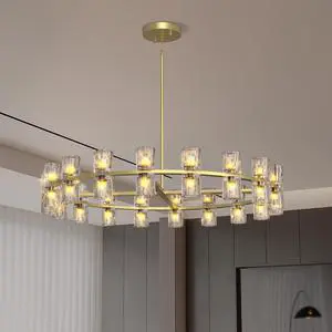 Modern 36" Gold Round Chandelier Light Fixture, K9 Crystal Chandeliers for Dining Room, Living Room, Dining Room Chandeliers Over Table, Chandelier for Bedroom, Foyer, includes 36xg4 Bulbs Modern 36" Gold Round Chandelier Light Fixture, K9 Crystal Chandeliers for Dining Room, Living Room, Dining Room Chandeliers Over Table, Chandelier for Bedroom, Foyer, includes 36xg4 Bulbs