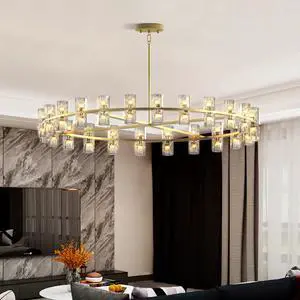 48 inch Gold Wagon Wheel Chandelier with Crystal Shade, 48 Lights, Modern Farmhouse Style, Ideal for Dining Room, Kitchen, Entryways 48 inch Gold Wagon Wheel Chandelier with Crystal Shade, 48 Lights, Modern Farmhouse Style, Ideal for Dining Room, Kitchen, Entryways