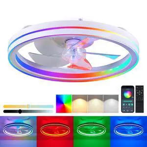 Rgb Ceiling Fans with Lights, 19'' Smart Led Ceiling Fan with Remote/App Control, Modern Low Profile Bladeless Chandelier Fan, Dimmable White Fandelier for Bedroom, Living Room, Kitchen Rgb Ceiling Fans with Lights, 19'' Smart Led Ceiling Fan with Remote/App Control, Modern Low Profile Bladeless Chandelier Fan, Dimmable White Fandelier for Bedroom, Living Room, Kitchen