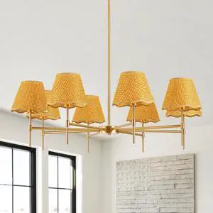 Gold Farmhouse Chandelier 8-Light Boho Pendant Lamp 38.6 in Large Rustic Rattan Chandelier Light Fixture with Height Adjustable Hanging Pole for Dining Room, Living Room, Bedroom, E12 Base Gold Farmhouse Chandelier 8-Light Boho Pendant Lamp 38.6 in Large Rustic Rattan Chandelier Light Fixture with Height Adjustable Hanging Pole for Dining Room, Living Room, Bedroom, E12 Base