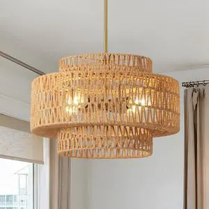 17.7" Boho Rattan Chandelier for Dining Room Light Fixture, 4-Light Hand Woven Wicker Pendant Light Fixture, Farmhouse Rustic Hanging Chandelier for Dining Room, Kitchen Island, Living, Bedroom 17.7" Boho Rattan Chandelier for Dining Room Light Fixture, 4-Light Hand Woven Wicker Pendant Light Fixture, Farmhouse Rustic Hanging Chandelier for Dining Room, Kitchen Island, Living, Bedroom