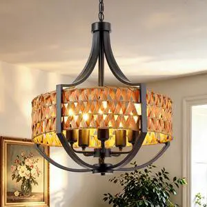19.7" Rattan Chandelier, 5-Light Boho Chandelier with Natural Woven Reed Shade, Black Farmhouse Hanging Ceiling Light Pendant Light for Dining Room, Living Room, Foyer, Bedroom Hallway 19.7" Rattan Chandelier, 5-Light Boho Chandelier with Natural Woven Reed Shade, Black Farmhouse Hanging Ceiling Light Pendant Light for Dining Room, Living Room, Foyer, Bedroom Hallway