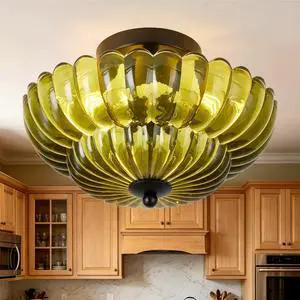 Semi Flush Mount Ceiling Light, Green Glass Ceiling Light Fixture, 3-Bulb Modern Black Close to Ceiling Light, Vintage Glass Ceiling Lights for Bedroom Kitchen Living Room, Bulb Not included Semi Flush Mount Ceiling Light, Green Glass Ceiling Light Fixture, 3-Bulb Modern Black Close to Ceiling Light, Vintage Glass Ceiling Lights for Bedroom Kitchen Living Room, Bulb Not included