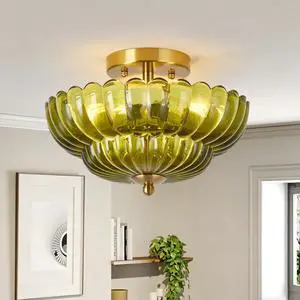 11.8 inch Kitchen Ceiling Light, 3-Light Semi Flush Mount Ceiling Lamp with Flower Glass, Vintage Close to Ceiling Light Fixtures for Bathroom Bedroom Hallway Entryway, Green 11.8 inch Kitchen Ceiling Light, 3-Light Semi Flush Mount Ceiling Lamp with Flower Glass, Vintage Close to Ceiling Light Fixtures for Bathroom Bedroom Hallway Entryway, Green