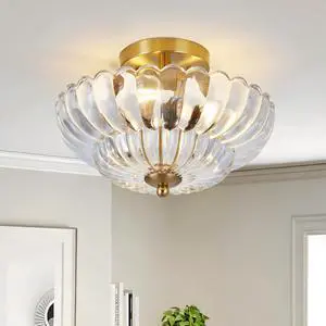 11.8 inch Semi Flush Mount Ceiling Light, 3-Light Close to Ceiling Light Fixtures with Flower Glass, Vintage Ceiling Lights for Hallway Living Room Kitchen Bedroom Bathroom, Clear 11.8 inch Semi Flush Mount Ceiling Light, 3-Light Close to Ceiling Light Fixtures with Flower Glass, Vintage Ceiling Lights for Hallway Living Room Kitchen Bedroom Bathroom, Clear