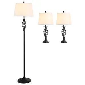 Homcom 3 Piece Table Floor Lamp Set with Metal Pole, Round Base, and Fabric Lampshade, for Living Room, Black/White Homcom 3 Piece Table Floor Lamp Set with Metal Pole, Round Base, and Fabric Lampshade, for Living Room, Black/White