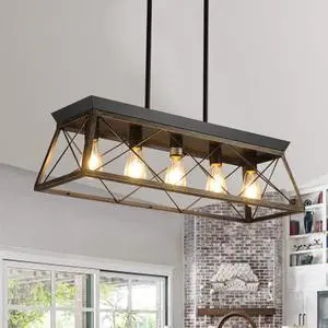 32" Black Gold industrial 5-Light Pendant Chandelier, Modern Metal Cage Design, Adjustable Hanging Light for Dining Room, Kitchen, Living Room (No Bulbs) 32" Black Gold industrial 5-Light Pendant Chandelier, Modern Metal Cage Design, Adjustable Hanging Light for Dining Room, Kitchen, Living Room (No Bulbs)