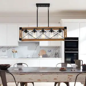 32" Walnut industrial Farmhouse Rectangle Pendant Light, 5-Light Chandelier with Lampshades for Dining Room, Kitchen Island, Cafe Decor (No Bulbs) 32" Walnut industrial Farmhouse Rectangle Pendant Light, 5-Light Chandelier with Lampshades for Dining Room, Kitchen Island, Cafe Decor (No Bulbs)