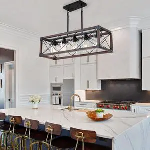 32" Red Wood industrial Farmhouse Rectangle Pendant Light, 5-Light Chandelier with Lampshade for Dining Room, Kitchen Island, Cafe Decor (No Bulbs) 32" Red Wood industrial Farmhouse Rectangle Pendant Light, 5-Light Chandelier with Lampshade for Dining Room, Kitchen Island, Cafe Decor (No Bulbs)