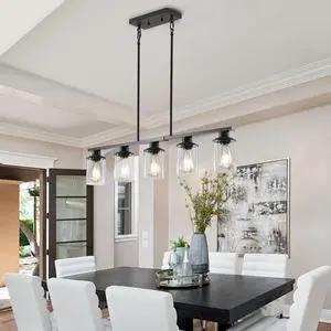 37" Modern industrial 5-Light Chandelier with Clear Glass Shades, Matte Black Metal Frame Hanging Ceiling Light Fixture for Dining Room, Kitchen Island, Living Room (No Bulbs) 37" Modern industrial 5-Light Chandelier with Clear Glass Shades, Matte Black Metal Frame Hanging Ceiling Light Fixture for Dining Room, Kitchen Island, Living Room (No Bulbs)