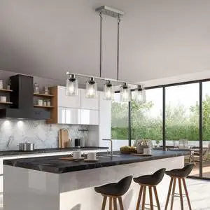 37" Brushed Nickel 5-Light Chandelier - Contemporary Kitchen Island Pendant Light with Clear Glass Shades for Dining Room, Farmhouse, Or Modern Decor (No Bulbs) 37" Brushed Nickel 5-Light Chandelier - Contemporary Kitchen Island Pendant Light with Clear Glass Shades for Dining Room, Farmhouse, Or Modern Decor (No Bulbs)