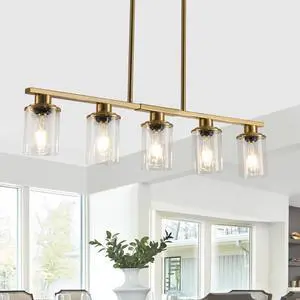 37" Modern industrial 5-Light Chandelier with Clear Glass Shades, Golden Metal Frame Hanging Ceiling Light Fixture for Dining Room, Kitchen Island, Living Room (No Bulbs) 37" Modern industrial 5-Light Chandelier with Clear Glass Shades, Golden Metal Frame Hanging Ceiling Light Fixture for Dining Room, Kitchen Island, Living Room (No Bulbs)