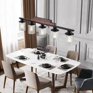 37" Farmhouse industrial 5-Light Kitchen Island Pendant Light, Metal Wood Chandelier with Clear Glass Shades, Adjustable Height Hanging Fixture for Dining Room, Living Room, Kitchen (No Bulbs) 37" Farmhouse industrial 5-Light Kitchen Island Pendant Light, Metal Wood Chandelier with Clear Glass Shades, Adjustable Height Hanging Fixture for Dining Room, Living Room, Kitchen (No Bulbs)