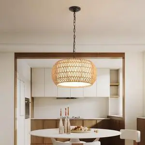 18" Farmhouse Pendant Light with Adjustable Height, Boho Woven Jute Rope Hanging Ceiling Light Fixture, E26 Base, 60W Max, Compatible with Flat, Vaulted, and Sloped Ceil (Bulb Not included) 18" Farmhouse Pendant Light with Adjustable Height, Boho Woven Jute Rope Hanging Ceiling Light Fixture, E26 Base, 60W Max, Compatible with Flat, Vaulted, and Sloped Ceil (Bulb Not included)