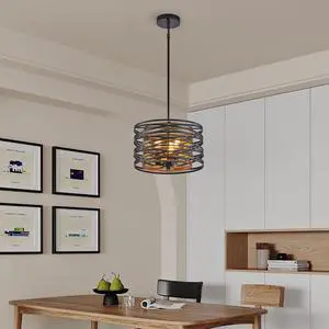 13" Rustic industrial Pendant Light, 3-Light Black and Walnut Metal Cage Chandelier with Wood Accents for Kitchen Island and Dining Room (No Bulbs) 13" Rustic industrial Pendant Light, 3-Light Black and Walnut Metal Cage Chandelier with Wood Accents for Kitchen Island and Dining Room (No Bulbs)