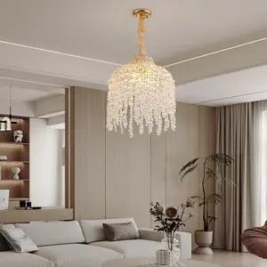 16 inch 5-Light Crystal Pendant Light Chandelier Elegant Waterfall Design with Grape-Shaped Crystal Bead Strings and Gold Finish for Living Room, Bedroom, Or Dining Area (Bulb Not included) 16 inch 5-Light Crystal Pendant Light Chandelier Elegant Waterfall Design with Grape-Shaped Crystal Bead Strings and Gold Finish for Living Room, Bedroom, Or Dining Area (Bulb Not included)