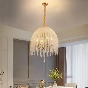20 inch 6-Light K9 Crystal Pendant Light Chandelier Elegant Waterfall Design with Cascading Crystal Bead Strings and Gold Finish for Living Room, Bedroom, Or Dining Area (Bulb Not included) 20 inch 6-Light K9 Crystal Pendant Light Chandelier Elegant Waterfall Design with Cascading Crystal Bead Strings and Gold Finish for Living Room, Bedroom, Or Dining Area (Bulb Not included)