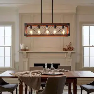 32" Red Wood industrial Farmhouse Rectangle Pendant Light, 5-Light Chandelier for Dining Room, Kitchen Island, Cafe Decor (No Bulbs) 32" Red Wood industrial Farmhouse Rectangle Pendant Light, 5-Light Chandelier for Dining Room, Kitchen Island, Cafe Decor (No Bulbs)