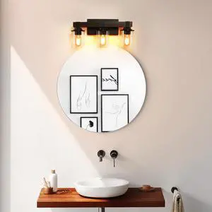 19" Rustic 3-Light Vanity Light, industrial Bathroom Wall Sconce with Glass Shades and Wood Accent, Modern Farmhouse Lighting Fixture (No Bulbs) 19" Rustic 3-Light Vanity Light, industrial Bathroom Wall Sconce with Glass Shades and Wood Accent, Modern Farmhouse Lighting Fixture (No Bulbs)
