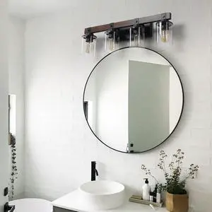 27" Rustic 4-Light Vanity Light, industrial Bathroom Wall Sconce with Glass Shades and Wood Accent, Modern Farmhouse Lighting Fixture (No Bulbs) 27" Rustic 4-Light Vanity Light, industrial Bathroom Wall Sconce with Glass Shades and Wood Accent, Modern Farmhouse Lighting Fixture (No Bulbs)