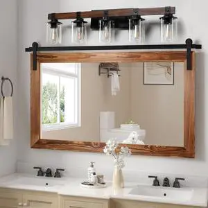 35" Rustic 5-Light Vanity Light, industrial Bathroom Wall Sconce with Glass Shades and Wood Accent, Modern Farmhouse Lighting Fixture (No Bulbs) 35" Rustic 5-Light Vanity Light, industrial Bathroom Wall Sconce with Glass Shades and Wood Accent, Modern Farmhouse Lighting Fixture (No Bulbs)