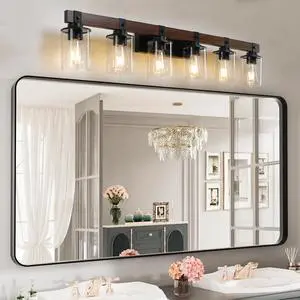 42" Rustic 6-Light Vanity Light, industrial Bathroom Wall Sconce with Glass Shades and Wood Accent, Modern Farmhouse Lighting Fixture (No Bulbs) 42" Rustic 6-Light Vanity Light, industrial Bathroom Wall Sconce with Glass Shades and Wood Accent, Modern Farmhouse Lighting Fixture (No Bulbs)
