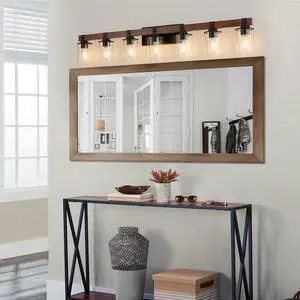 50" Rustic 7-Light Vanity Light, industrial Bathroom Wall Sconce with Glass Shades and Wood Accent, Modern Farmhouse Lighting Fixture (No Bulbs) 50" Rustic 7-Light Vanity Light, industrial Bathroom Wall Sconce with Glass Shades and Wood Accent, Modern Farmhouse Lighting Fixture (No Bulbs)