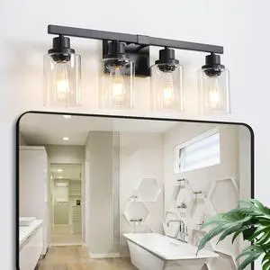 24" Modern Black 4-Light Bathroom Vanity Light Fixture, industrial Wall Sconce with Clear Glass Shades for Mirror, Bathroom, Bedroom, and Hallway (No Bulbs) 24" Modern Black 4-Light Bathroom Vanity Light Fixture, industrial Wall Sconce with Clear Glass Shades for Mirror, Bathroom, Bedroom, and Hallway (No Bulbs)