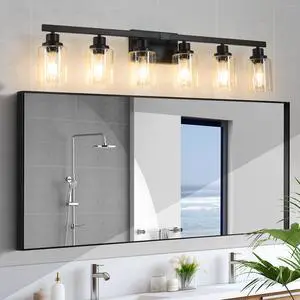 37" Modern 6-Light Bathroom Vanity Light Fixture - Black Finish with Clear Glass Shades, Perfect for Bathroom, Vanity, and Dressing Area Lighting (No Bulbs) 37" Modern 6-Light Bathroom Vanity Light Fixture - Black Finish with Clear Glass Shades, Perfect for Bathroom, Vanity, and Dressing Area Lighting (No Bulbs)