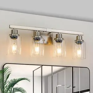 24" Modern 4-Light Bathroom Vanity Light Fixture - Brushed Nickel Finish with Clear Glass Shades, Perfect for Bathroom, Vanity, and Dressing Area Lighting (No Bulbs) 24" Modern 4-Light Bathroom Vanity Light Fixture - Brushed Nickel Finish with Clear Glass Shades, Perfect for Bathroom, Vanity, and Dressing Area Lighting (No Bulbs)
