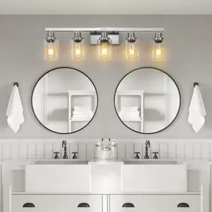 31" Modern 5-Light Bathroom Vanity Light Fixture - Brushed Nickel Finish with Clear Glass Shades, Perfect for Bathroom, Vanity, and Dressing Area Lighting (No Bulbs) 31" Modern 5-Light Bathroom Vanity Light Fixture - Brushed Nickel Finish with Clear Glass Shades, Perfect for Bathroom, Vanity, and Dressing Area Lighting (No Bulbs)