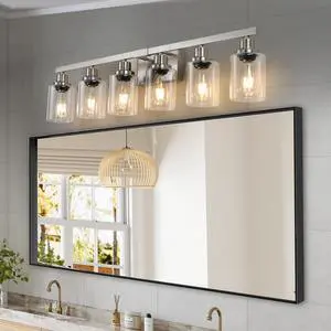 37" Modern 6-Light Bathroom Vanity Light Fixture - Brushed Nickel Finish with Clear Glass Shades, Perfect for Bathroom, Vanity, and Dressing Area Lighting (No Bulbs) 37" Modern 6-Light Bathroom Vanity Light Fixture - Brushed Nickel Finish with Clear Glass Shades, Perfect for Bathroom, Vanity, and Dressing Area Lighting (No Bulbs)